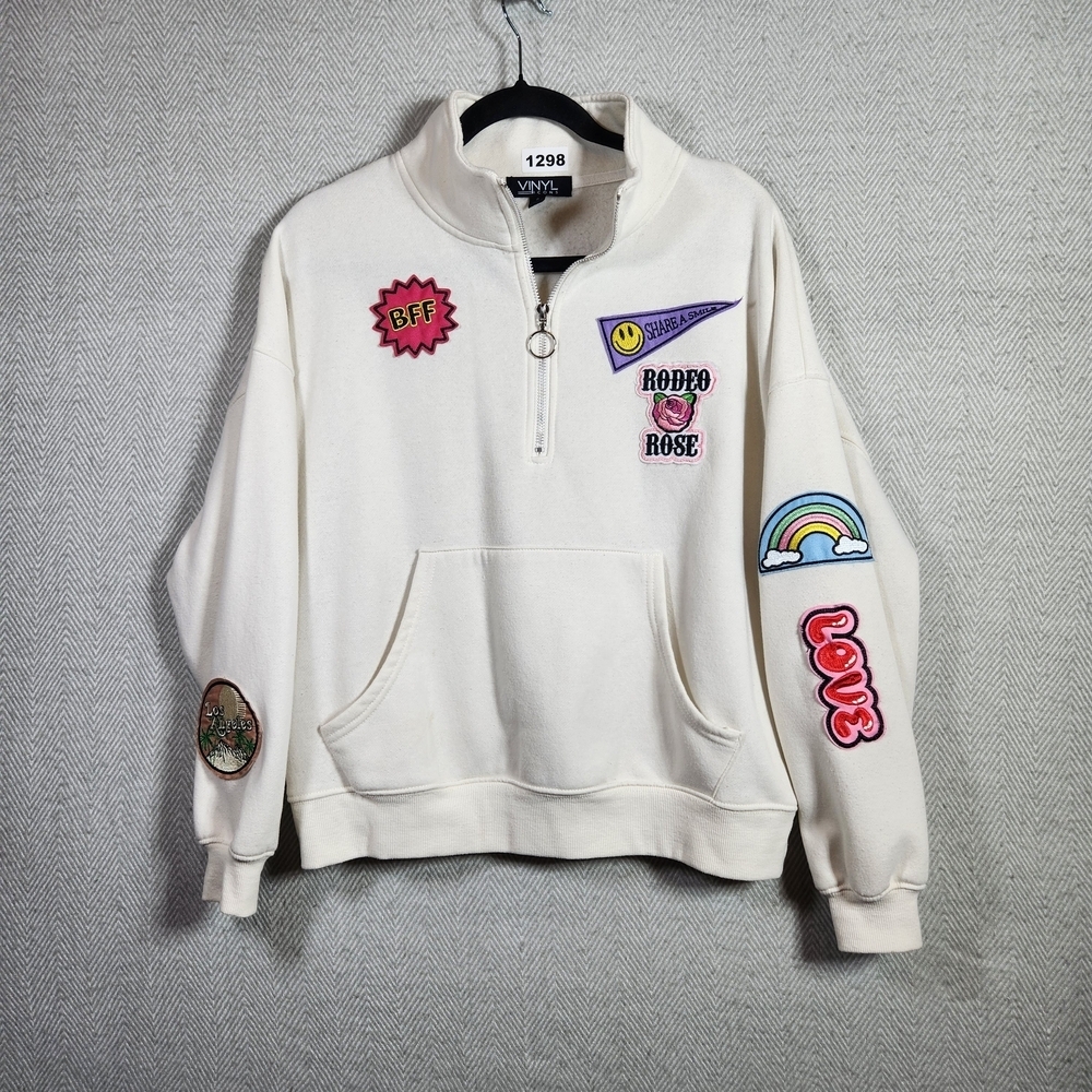 Vinyl Icons Cream Womens S Half Zip Sweatshirt With Decrotive Patches - Picture 1 of 12